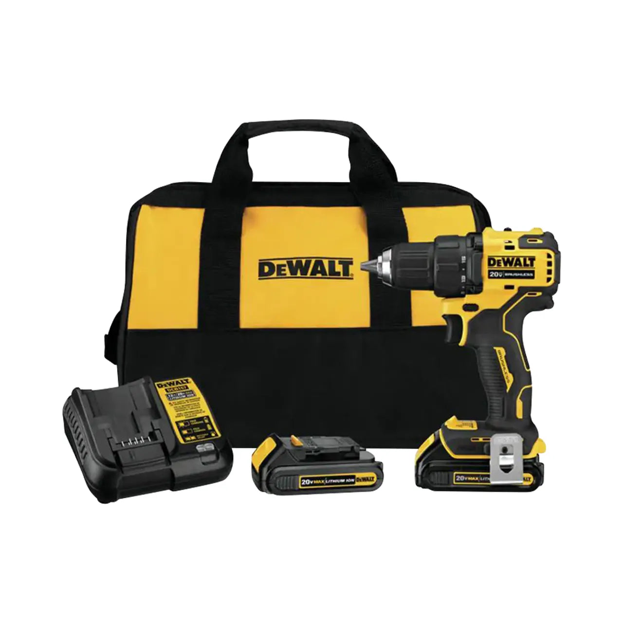 A Go Build ATOMIC 20V MAX Cordless Brushless Compact 1/2 in. Drill/Driver set with a black and yellow bag, two rechargeable batteries, and a charger, displayed on a white background.
